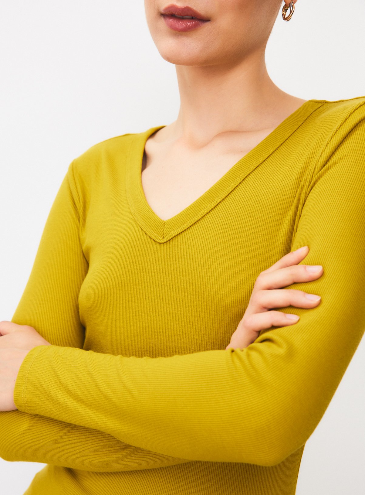 Dark Yellow Deep V-Neck Ribbed Long Sleeve Top 8 - Image 3 thumbnail